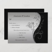 ヴィンテージの黒く、銀製の花柄RSVP 出欠カード (正面/裏面)