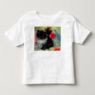 ヴィンテージの黒と白の子猫の絵 トドラーTシャツ