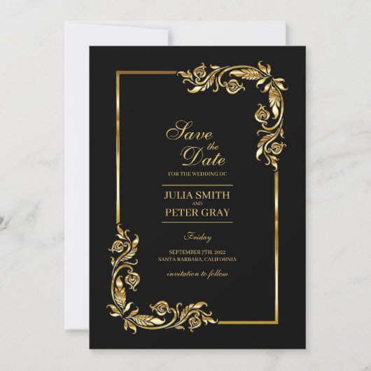 ヴィンテージの黒と金ゴールド王室のの日付の保存 招待状 (正面)