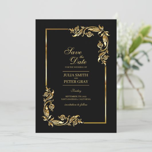 ヴィンテージの黒と金ゴールド王室のの日付の保存 招待状 (スタンド正面)