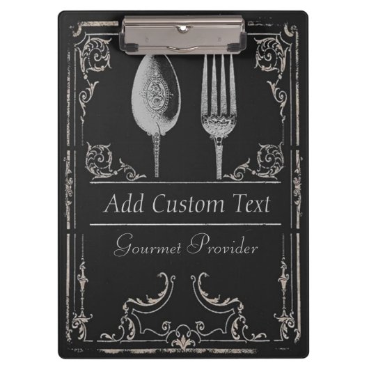 ヴィンテージの黒の上品で華美な銀のスプーンのフォーク クリップボード (正面)
