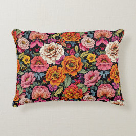 ヴィンテージの黒はっきりした色の花柄 アクセントクッション