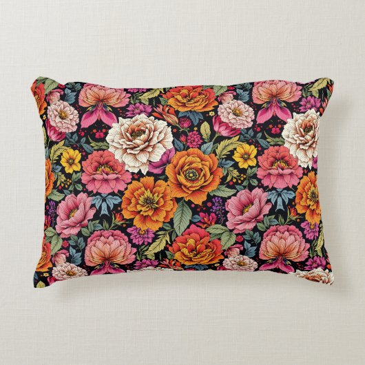 ヴィンテージの黒はっきりした色の花柄 アクセントクッション (正面)