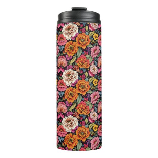 ヴィンテージの黒はっきりした色の花柄 タンブラー (正面)