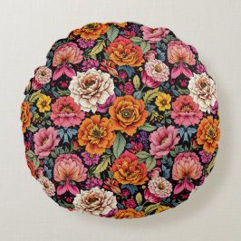 ヴィンテージの黒はっきりした色の花柄 ラウンドクッション