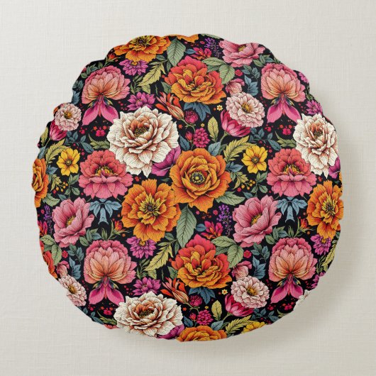 ヴィンテージの黒はっきりした色の花柄 ラウンドクッション (正面)