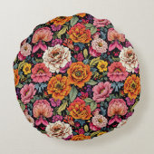 ヴィンテージの黒はっきりした色の花柄 ラウンドクッション (裏面)