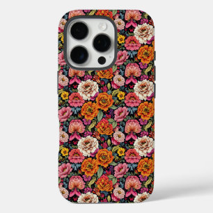 ヴィンテージの黒はっきりした色の花柄 iPhone 16 PROケース
