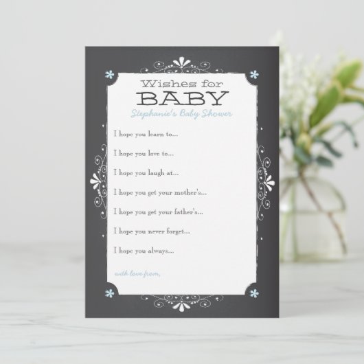 ヴィンテージの黒板が赤ちゃんのシャワーカードを願う アドバイスカード (スタンド正面)
