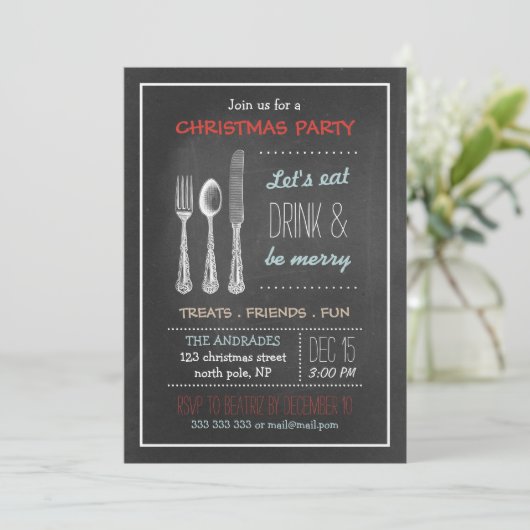ヴィンテージの黒板のクリスマス・パーティの赤く青い白 招待状 (スタンド正面)
