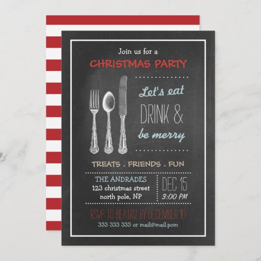 ヴィンテージの黒板のクリスマス・パーティの赤く青い白 招待状 (正面/裏面)