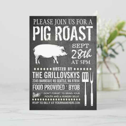 ヴィンテージの黒板のブタのローストの招待状 招待状 (スタンド正面)