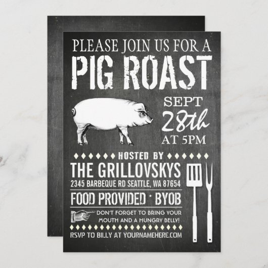 ヴィンテージの黒板のブタのローストの招待状 招待状 (正面/裏面)