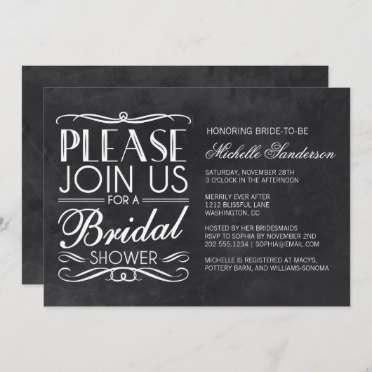 ヴィンテージの黒板のブライダルシャワー 招待状 (正面/裏面)