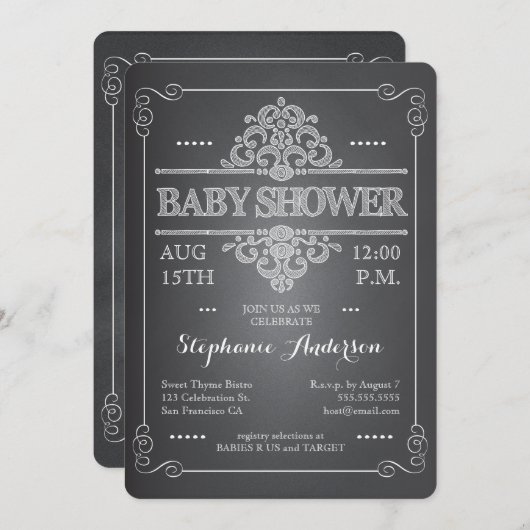 ヴィンテージの黒板のベビーシャワーのニュートラルの招待状 招待状 (正面/裏面)