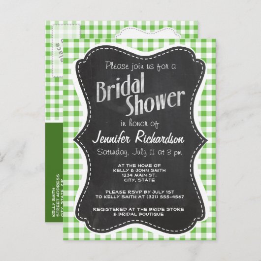 ヴィンテージの黒板の一見は、チェック模様を緑化します; ギンガム インビテーションポストカード (正面/裏面)