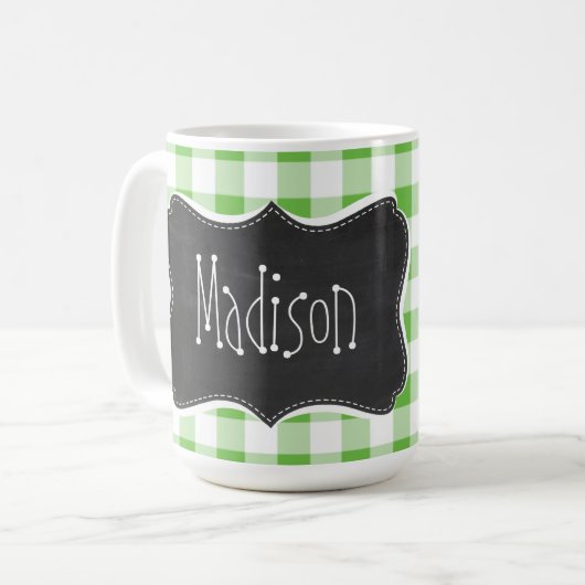 ヴィンテージの黒板の一見は、チェック模様を緑化します; ギンガム コーヒーマグカップ (正面左)