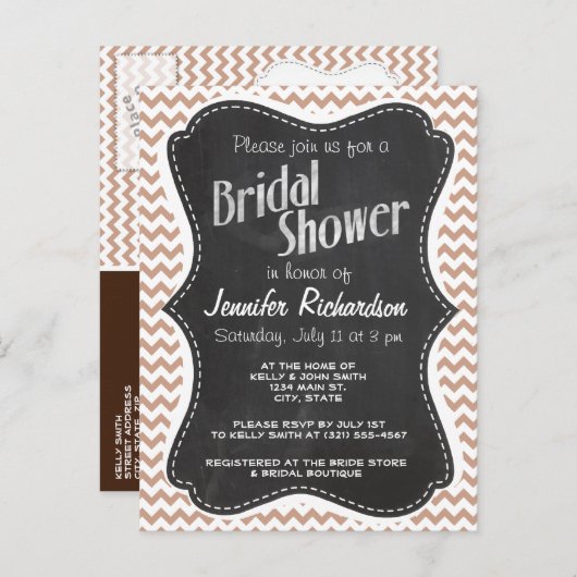 ヴィンテージの黒板の一見; ブラウンシェブロンパターン インビテーションポストカード (正面/裏面)