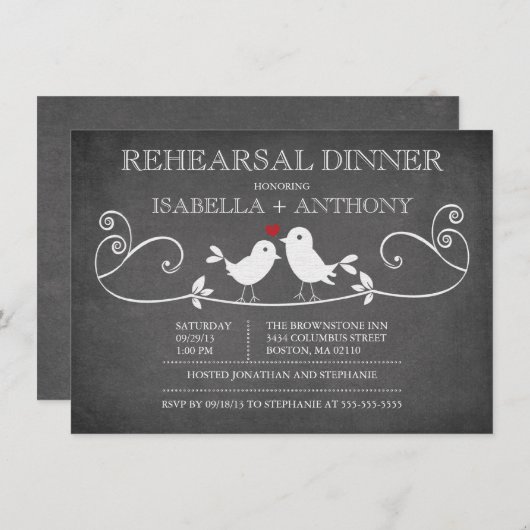ヴィンテージの黒板愛鳥のリハーサルの夕食 招待状 (正面/裏面)