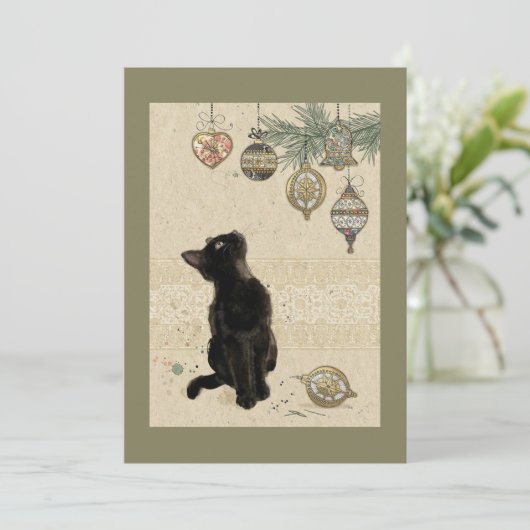 ヴィンテージの黒猫がオーナメントを見ている シーズンカード (スタンド正面)