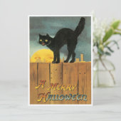ヴィンテージの黒猫がフェンスのハロウィン 招待状 (スタンド正面)