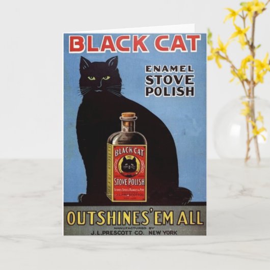 ヴィンテージの黒猫のストーブのポーランド人の広告のメッセージカード カード (黄色い花)