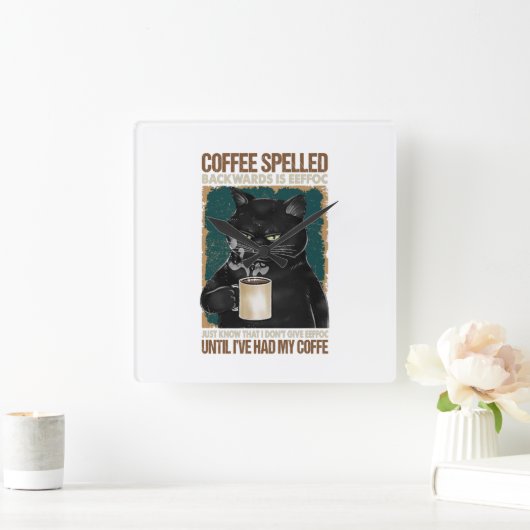 ヴィンテージの黒猫コーヒーが逆綴り スクエア壁時計 (ホーム)