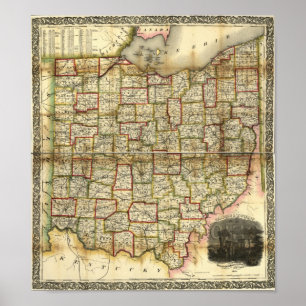 ヴィンテージの1851年のオハイオ州の地図 ポスター