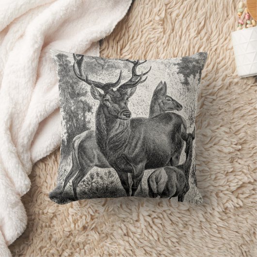 ヴィンテージの19世紀のアカシカのイラストレーションの雄鹿の雌ジカの子鹿 クッション (ブランケット)