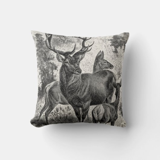 ヴィンテージの19世紀のアカシカのイラストレーションの雄鹿の雌ジカの子鹿 クッション (正面)