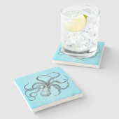 ヴィンテージの19世紀のタコのティール（緑がかった色）の水彩画の青 ストーンコースター (横)