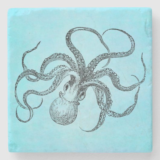ヴィンテージの19世紀のタコのティール（緑がかった色）の水彩画の青 ストーンコースター (正面)