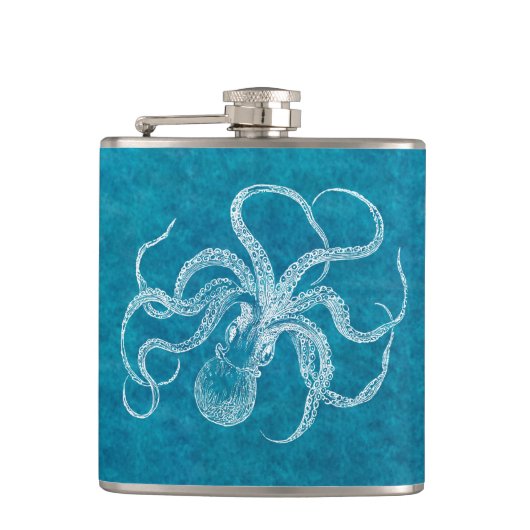 ヴィンテージの19世紀のタコのティール（緑がかった色）の水彩画の青 フラスク (正面)