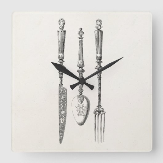 ヴィンテージの19世紀のナイフのフォークのスプーンのナイフの古い食事用器具類 スクエア壁時計 (正面)