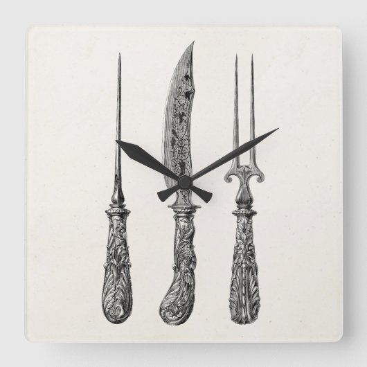 ヴィンテージの19世紀のナイフのフォークの一突きの台所食事用器具類 スクエア壁時計 (正面)