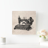 ヴィンテージの19世紀のミシンのイラストレーション スクエア壁時計 (ホーム)