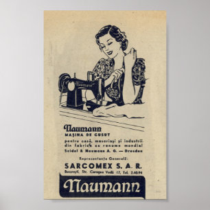 ヴィンテージの1940年ミシンの広告、ルーマニア語、NAUMANNの ポスター