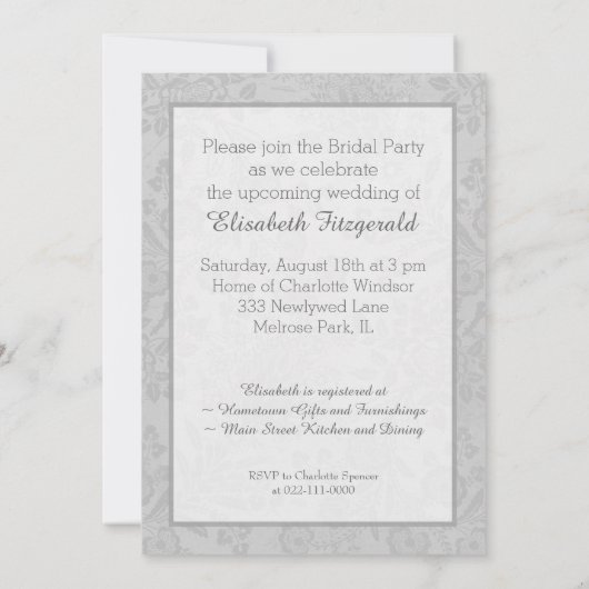 ヴィンテージの20年代のブライダルパーティのシャワーの灰色および白 招待状 (裏面)