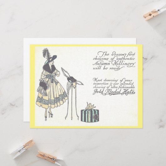 ヴィンテージの20年代の帽子の婦人帽子類ショー広告 カード (正面/裏面インサイチュ)
