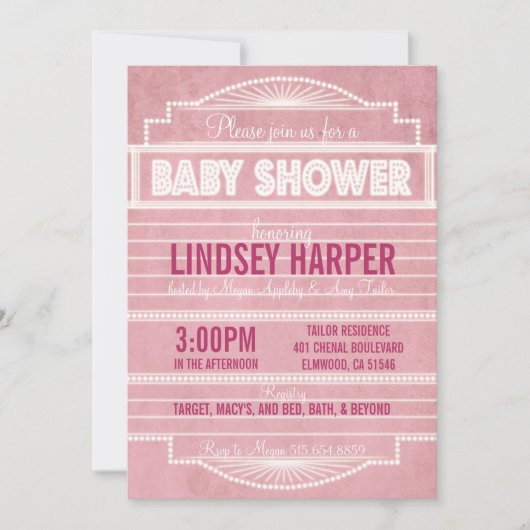 ヴィンテージの20年代映画玄関ひさしのベビーシャワーのピンク 招待状 (正面)