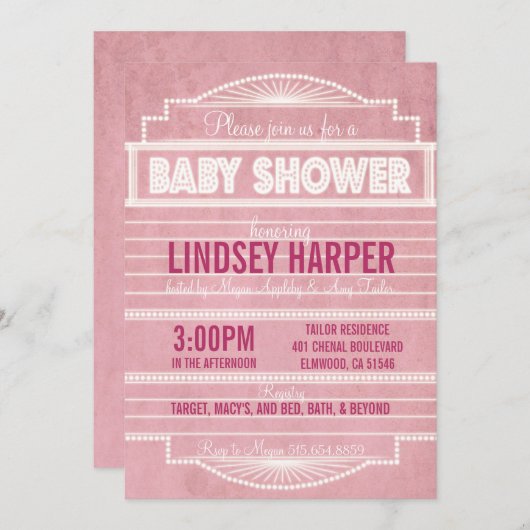 ヴィンテージの20年代映画玄関ひさしのベビーシャワーのピンク 招待状 (正面/裏面)