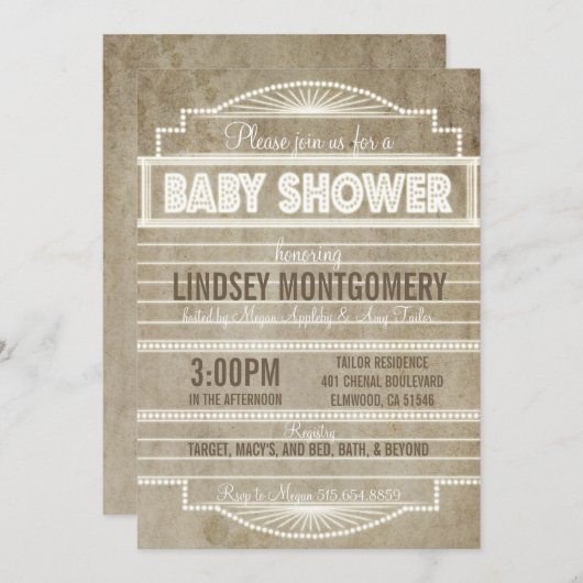 ヴィンテージの20年代映画玄関ひさしのベビーシャワーInvitatio 招待状 (正面/裏面)