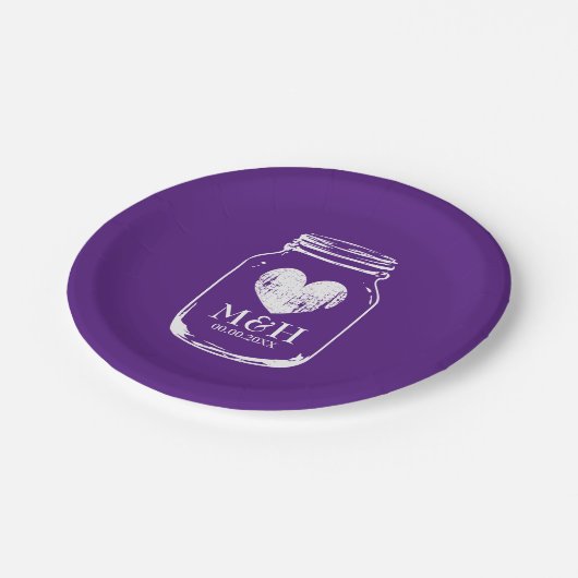 ヴィンテージのbbqのパーティーのプレートを結婚する紫色のメーソンジャー ペーパープレート (アングル)