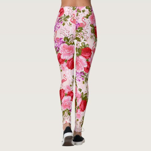 ヴィンテージのbohoのピンクのバラの花の熱帯フラミンゴ レギンス (裏面)