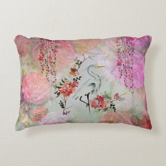 ヴィンテージのbohoの赤面のピンクの花東洋の鳥のバラ アクセントクッション (正面)