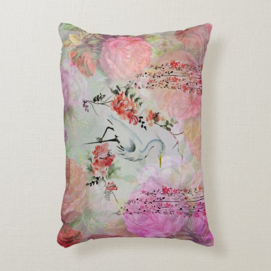 ヴィンテージのbohoの赤面のピンクの花東洋の鳥のバラ アクセントクッション (正面(垂直))
