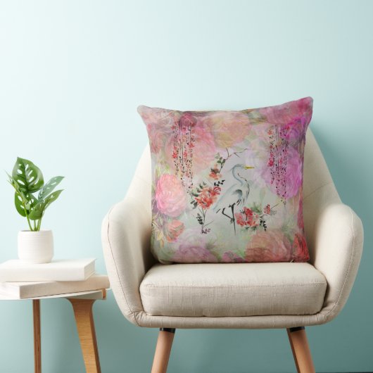 ヴィンテージのbohoの赤面のピンクの花東洋の鳥のバラ クッション (椅子)