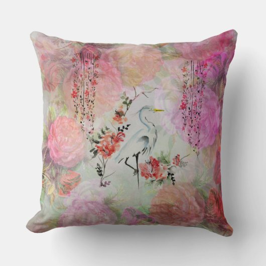 ヴィンテージのbohoの赤面のピンクの花東洋の鳥のバラ クッション (正面)