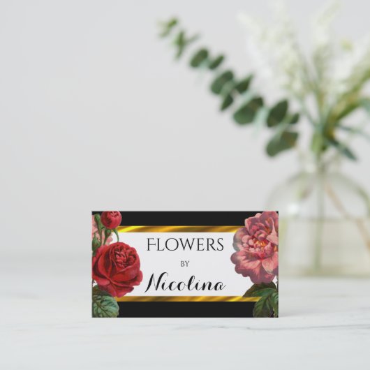 ヴィンテージのBotanicals BW |の金ゴールドの花柄の花屋 名刺 (スタンド正面)