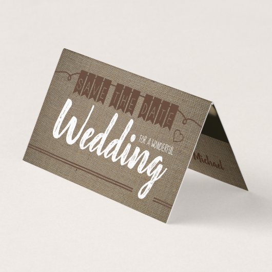 ヴィンテージのBurlapエフェクト、写真の日付カードの保存 名刺 (正面)